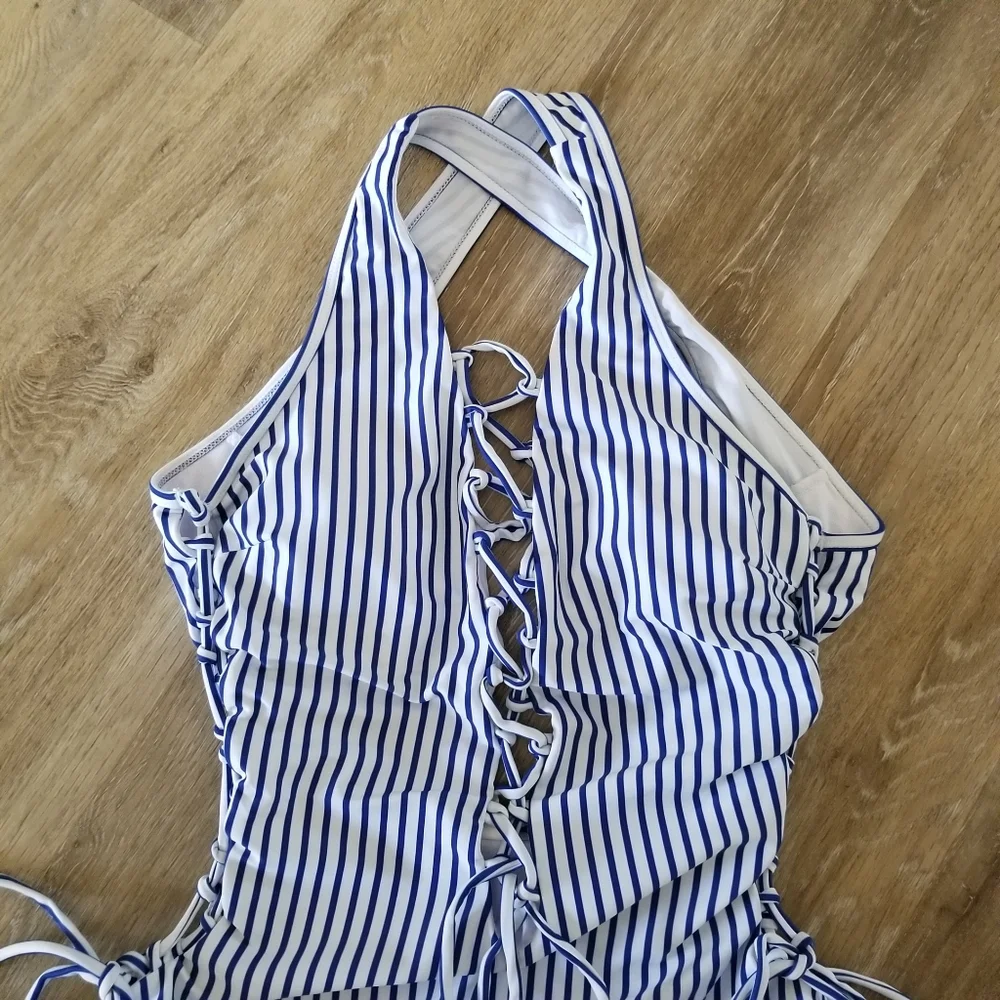 NWT Holipick Blue White Stripe Sexy Lace Up Two Way One Piece Swimsuit Size L D3